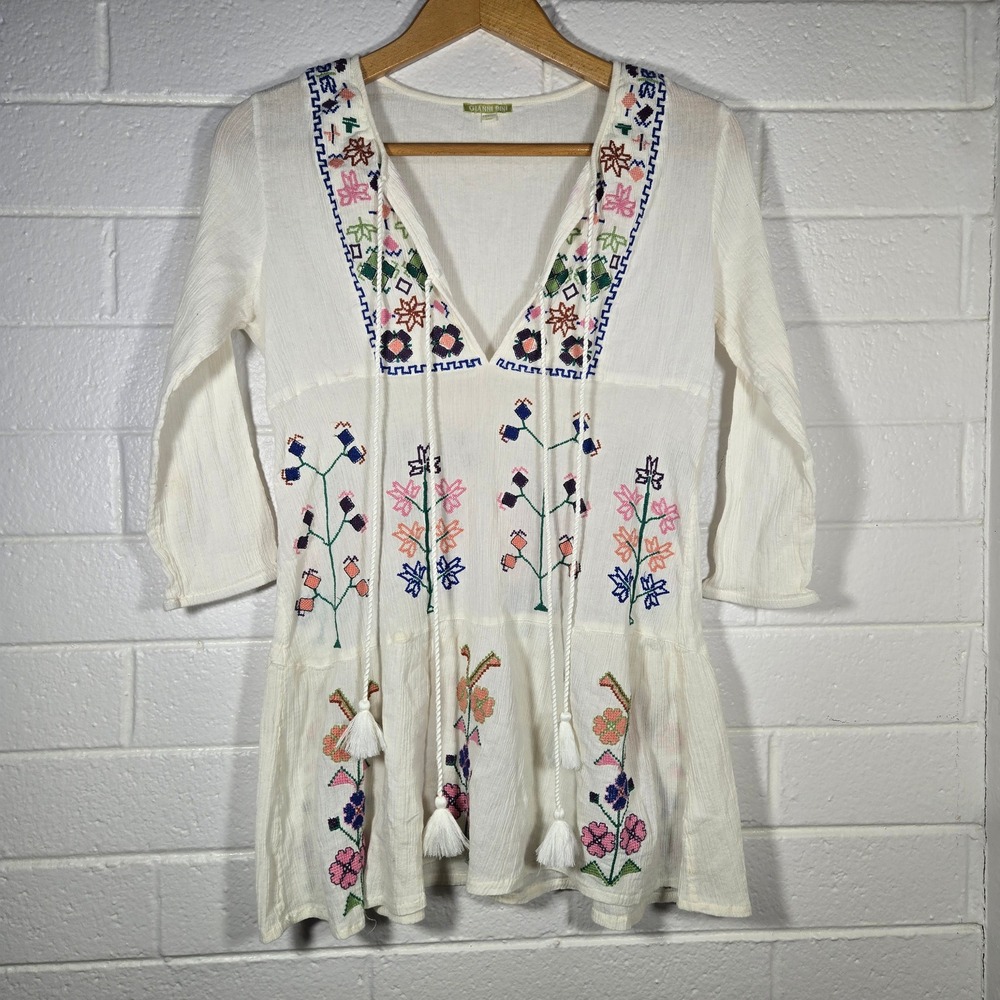 Gianni Bini Embroidered Cotton Tunic Colorful Coverup Swim Boho Tassel Large Art